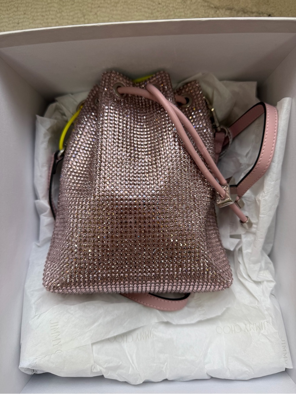 Pink Crystal Drawstring Bucket Bag - Sparkling Women's Shoulder Bag